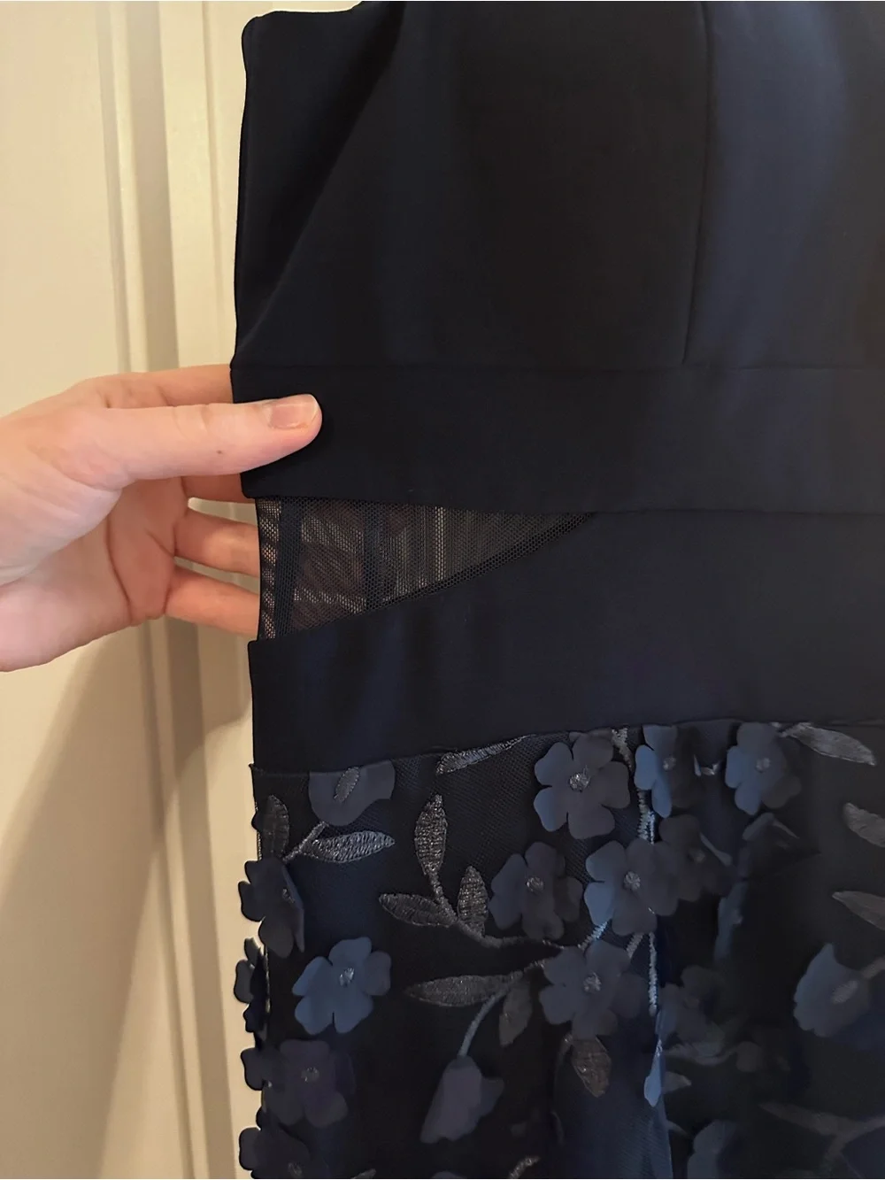 Xscape Navy Blue Floral Appliqué Evening Gown